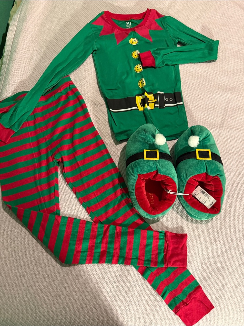 PJ Kids Elf Two Piece Pajama Set in Green and Red and slippers